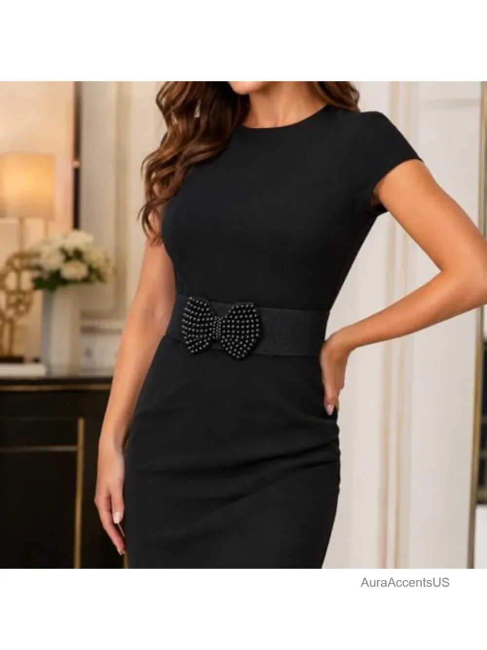 Stretch Waistband Pearl Bow Elastic Dress Belt